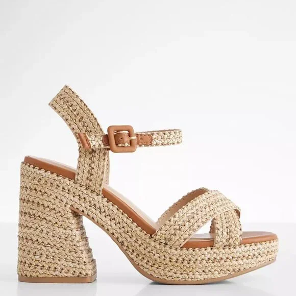 New Tan Raffia Espadrille Chunky Block Heel Platform Sandal Open Toe Ankle Strap - Picture 5 of 9
